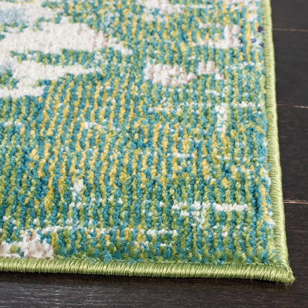 Area Rug 12 x 15, Green amp Turquoise, Boho Abstract Distressed Design, No Shedding , Easy Care,