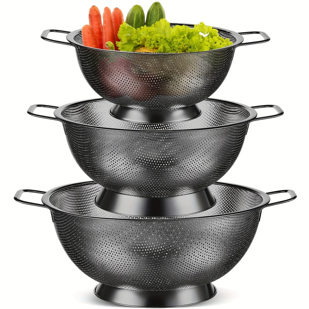 3pcs Stainless Steel Colander Bowl And Sieves 1/3/5 Quart Metal Mesh Strainer Net Basket With Handles