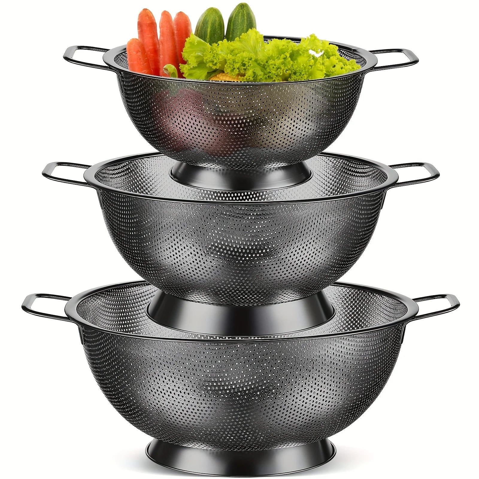 3pcs Stainless Steel Colander Bowl And Sieves 1/3/5 Quart Metal Mesh Strainer Net Basket With Handles