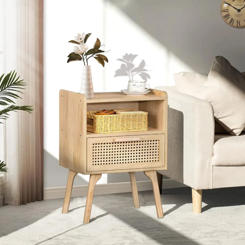 Wooden  Nightstand with Drawer and Open Shelf Solid Wood Legs Ideal  for Bedroom Dorm Small Space