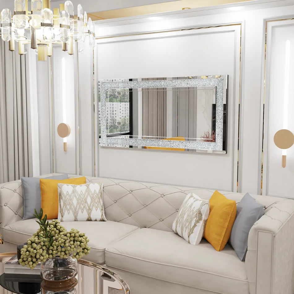 LUVODI Large Silver Rhinestone Vanity Mirror Frameless Crystal Diamond Wall Mirror for Bedroom, Bathroom.