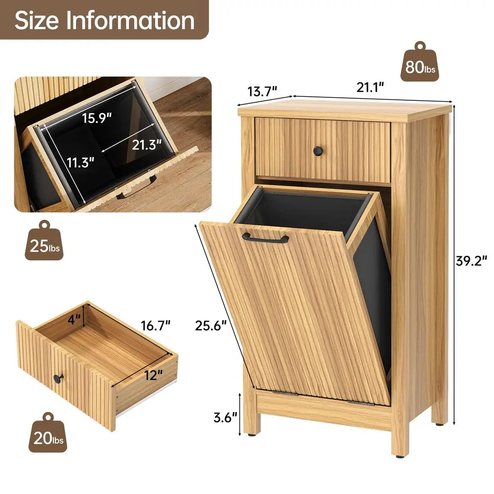 Tilt Out Laundry Hamper Cabinet with Drawer, 10 Gal Fluted. Trash Can  with Laundry Basket, Hidden Wood Garbage  Bin
