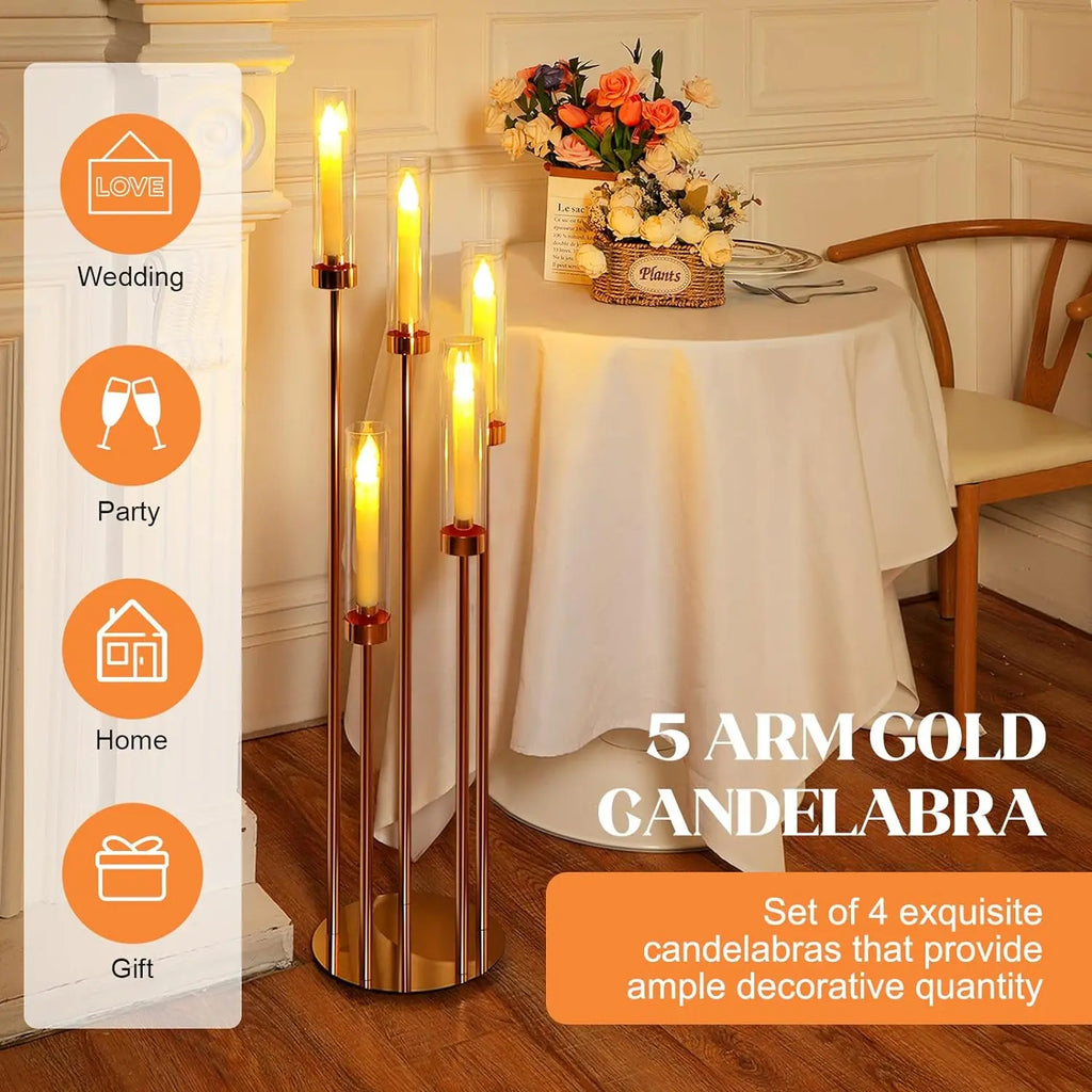 4 Set Floor Candelabra  5 Arm 42.5'' Metal Candlestick Set with Acrylic Lampshade