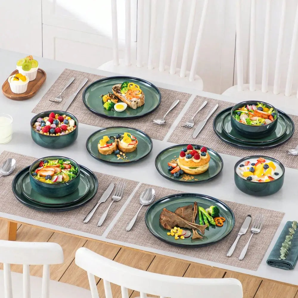 12 Pieces Kitchen Dinnerware Set, Green, Stoneware Dinnerware ,Set for 4 Round