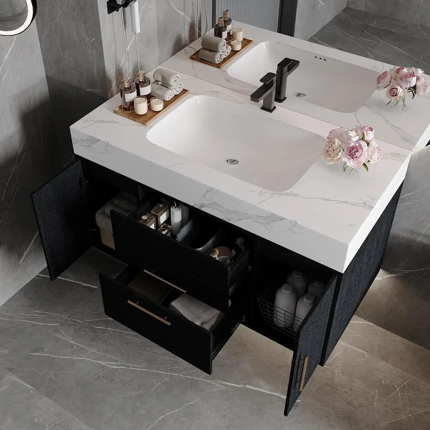 40" Modern Black Wall-Mounted Bathroom Vanity  with Ceramic Sink