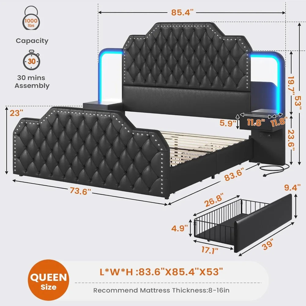 Queen Bed Frame W/ LED, Leather Upholstered Charging Station,  2 Nightstands. Mirror