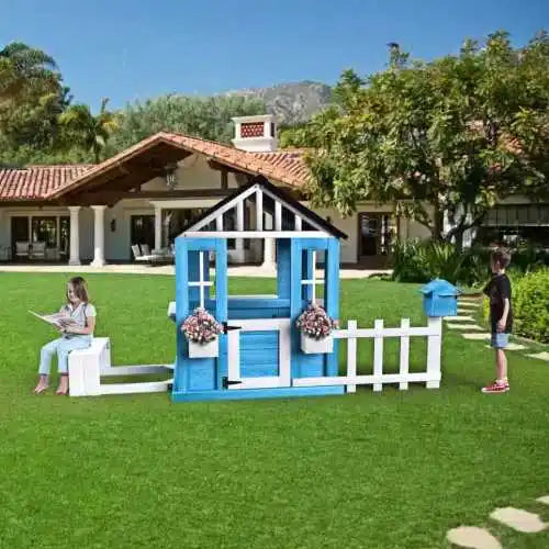 Kids  Wooden Outdoor Cottage Playhouse with Half Door Mailbox & Fence