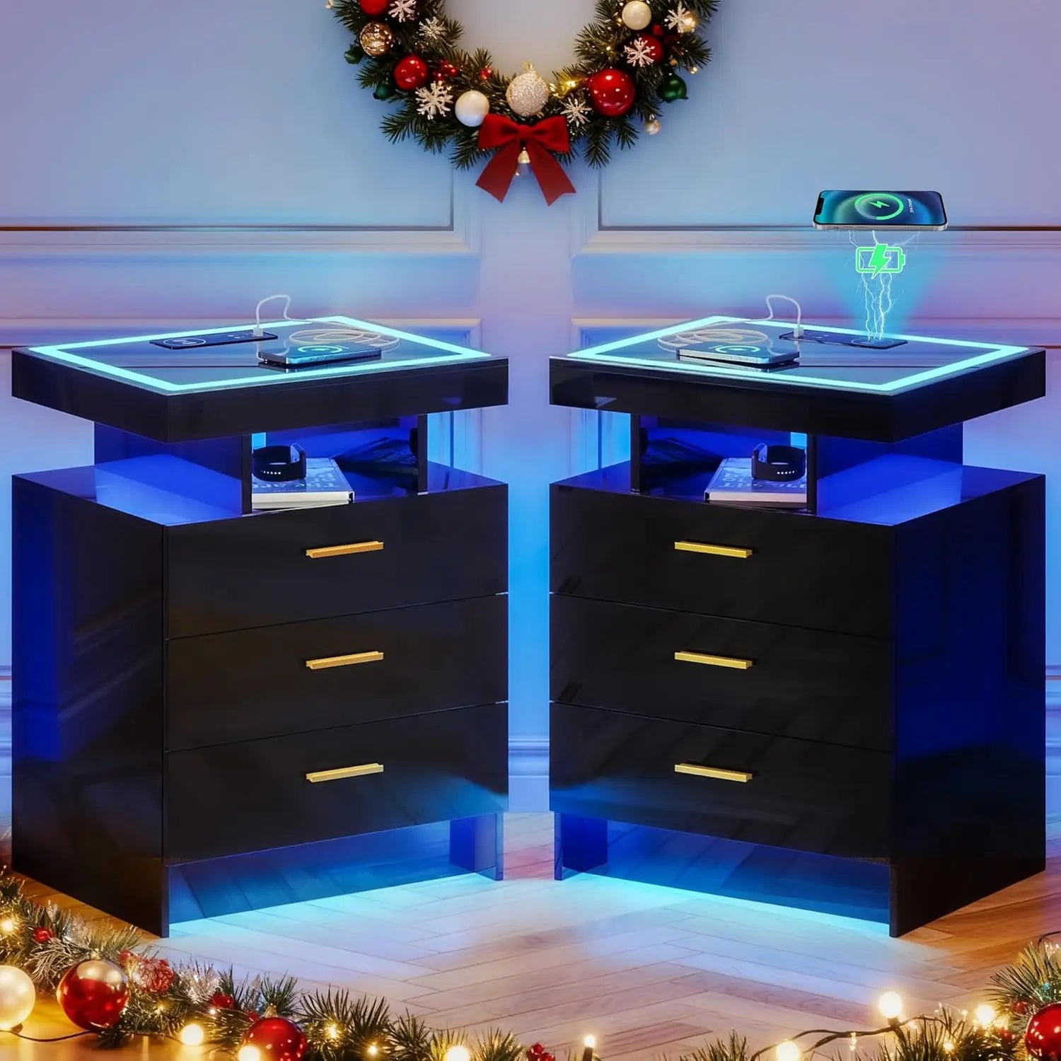 Nightstands with Wireless Charging , Auto Sensor 3 Color Dimmable LED