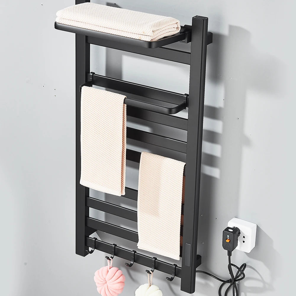Black Heated Towel Rack, 304 Stainless Steel, Touch Digital Display & Thermostatic Dryer