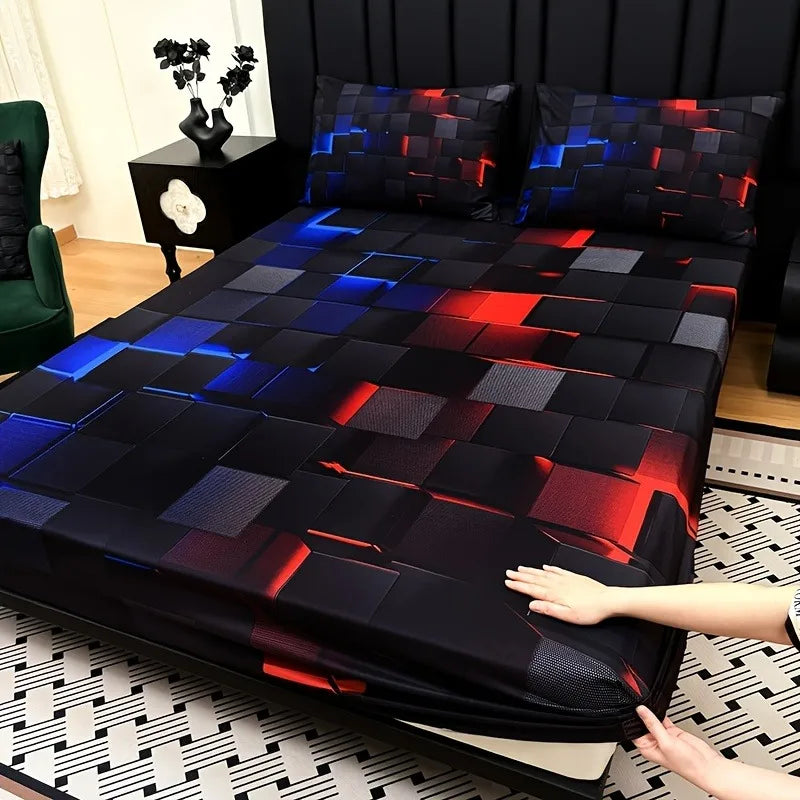 3pcs Cool  Digital Printing Material Plaid Fitted Sheet(1pc Bed Sheet+2pcs Pillowcase No Filling) Deep Pocket In 15 In