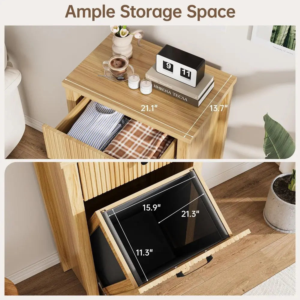 Tilt Out Laundry Hamper Cabinet with Drawer, 10 Gal Fluted. Trash Can  with Laundry Basket, Hidden Wood Garbage  Bin