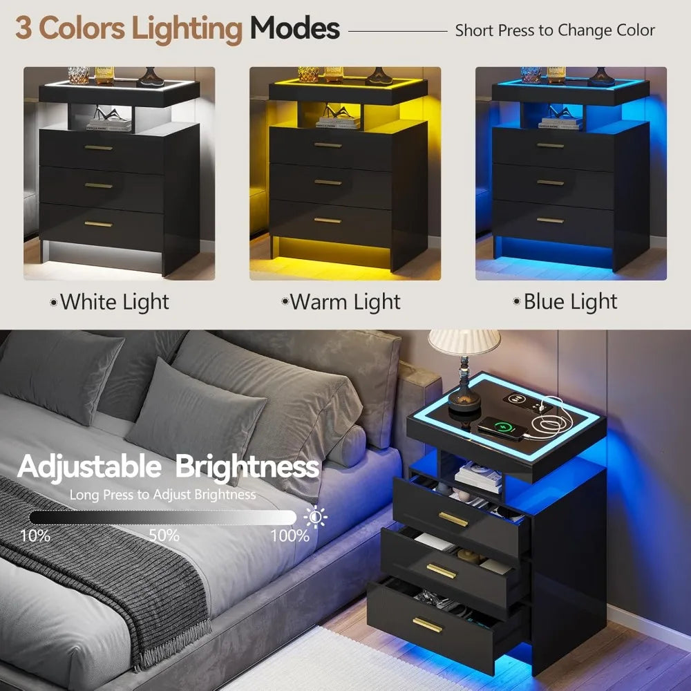 Black Night Stand Set 2  with Wireless Charging 3 Drawers Glass Top
