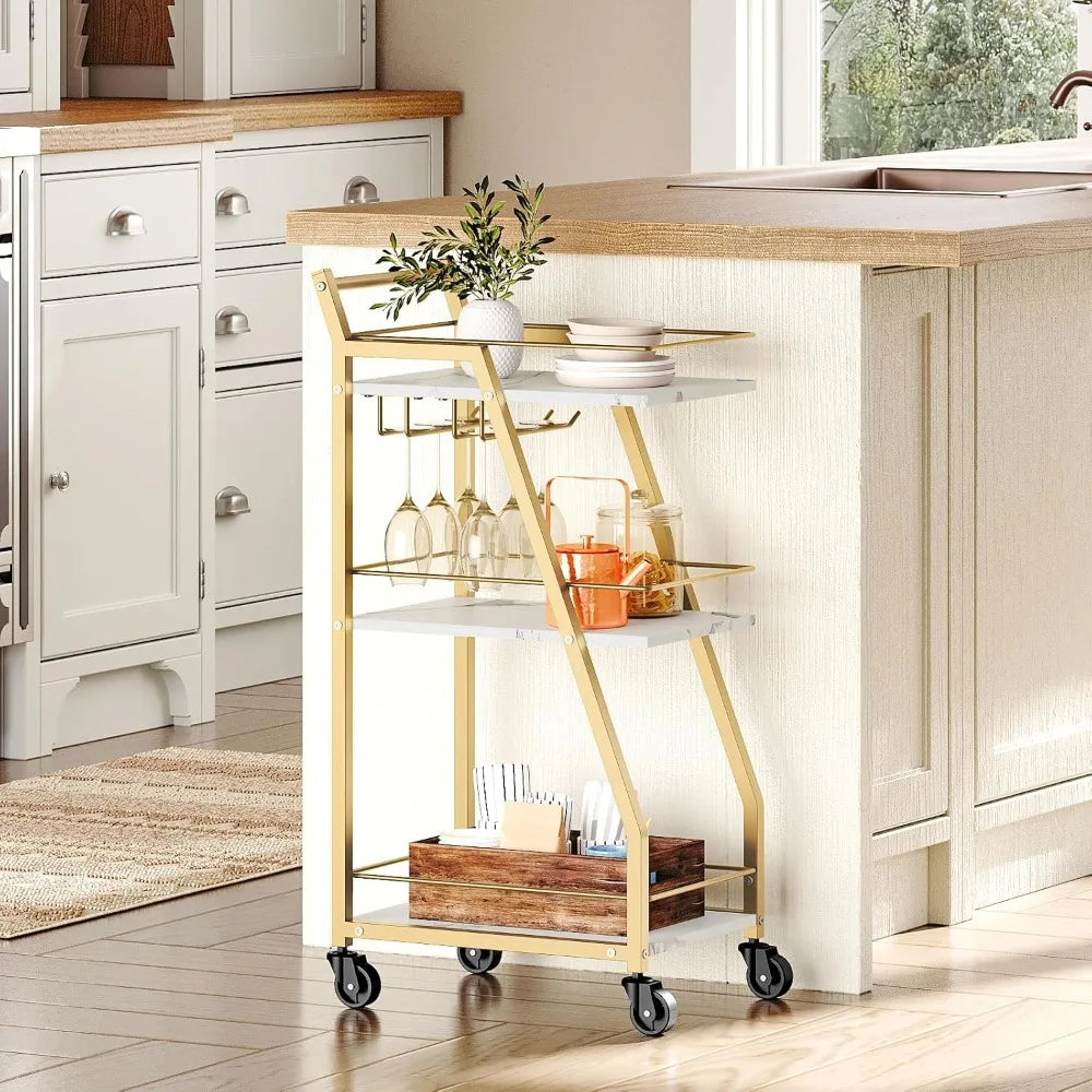 3-Tier Bar Cart with Wheels, Gold Drink Cart for Home,