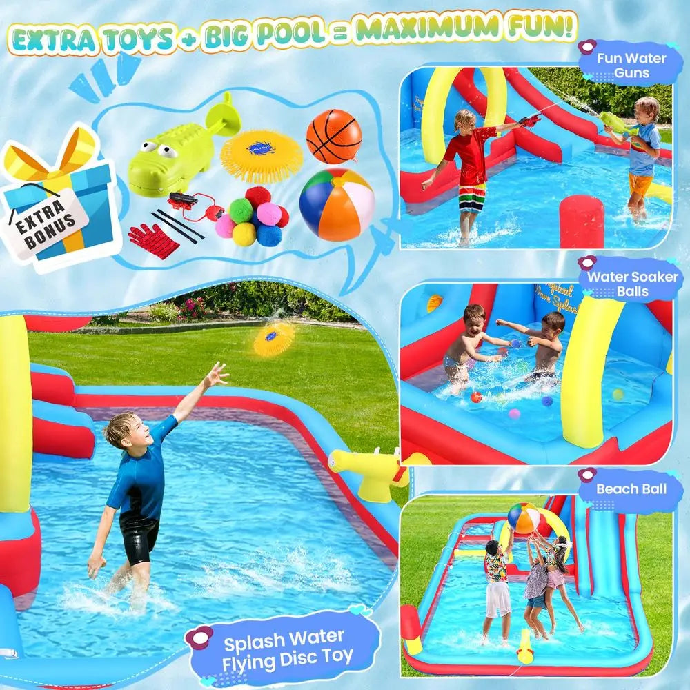 Inflatable Water Slide s, 16 in1 Backyard  with Deep Splash Pool, Unique Triple Sprinkler