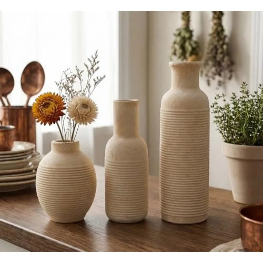 Rustic Farmhouse Ceramic Vase Set of 3 - - Pampas Grass Dried Fresh Flowers -