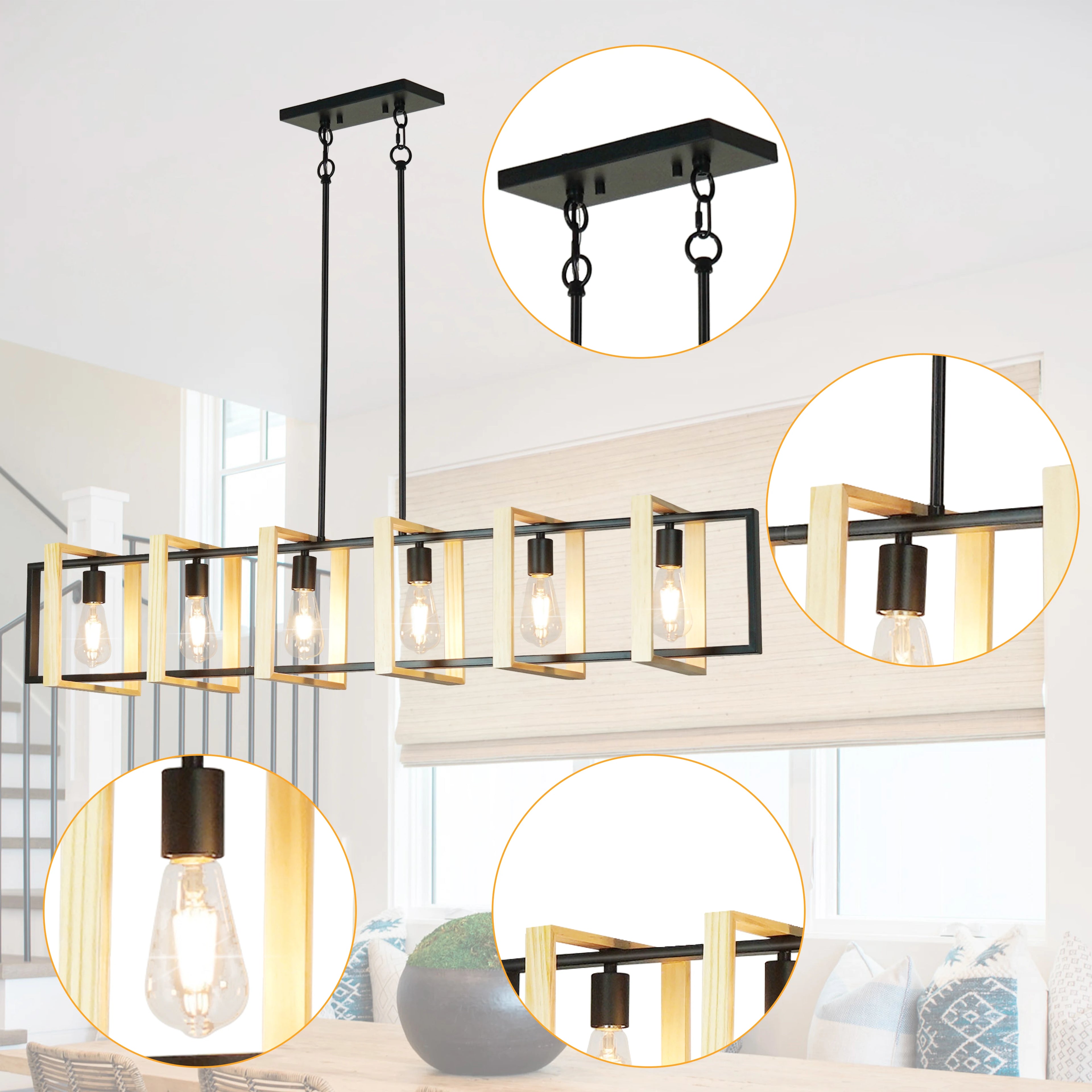 Modern Farmhouse Kitchen Island Light with Wood Shades- Dimmable  Chandeliers for Kitchen, Dining Room