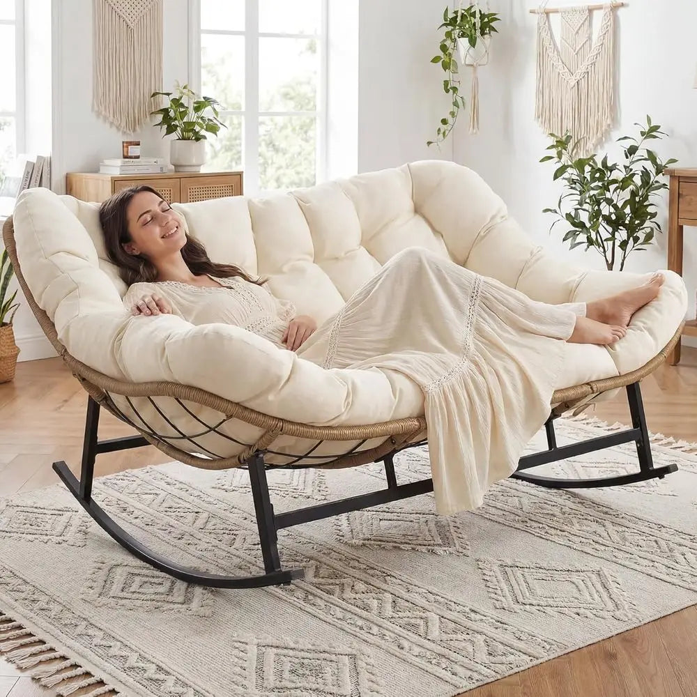2-Person Wicker Rocking Loveseat with Cushion for Outdoor Relaxation