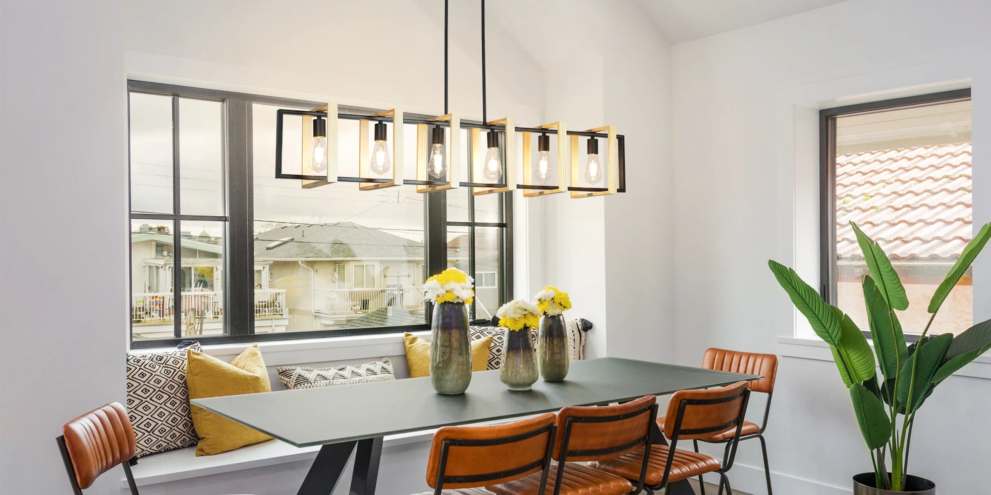 Modern Farmhouse Kitchen Island Light with Wood Shades- Dimmable  Chandeliers for Kitchen, Dining Room