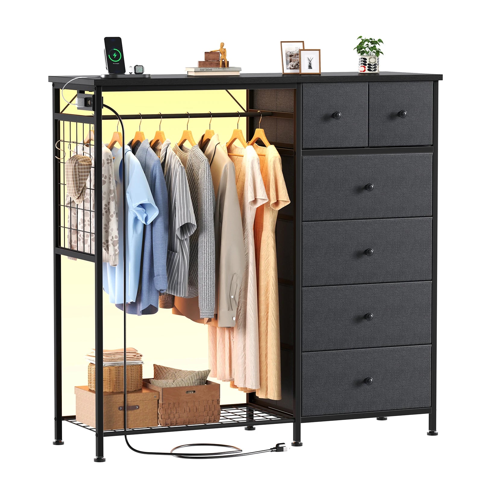 6 Drawer Fabric Dresser with Hanging Rack, Charging Station and LED Lights