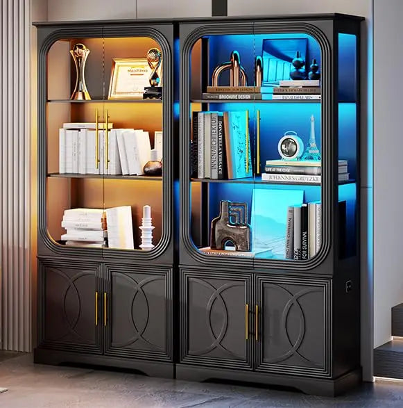 Display Cabinet with Glass Doors, 69 in Tall Bookcase with LED Lights,