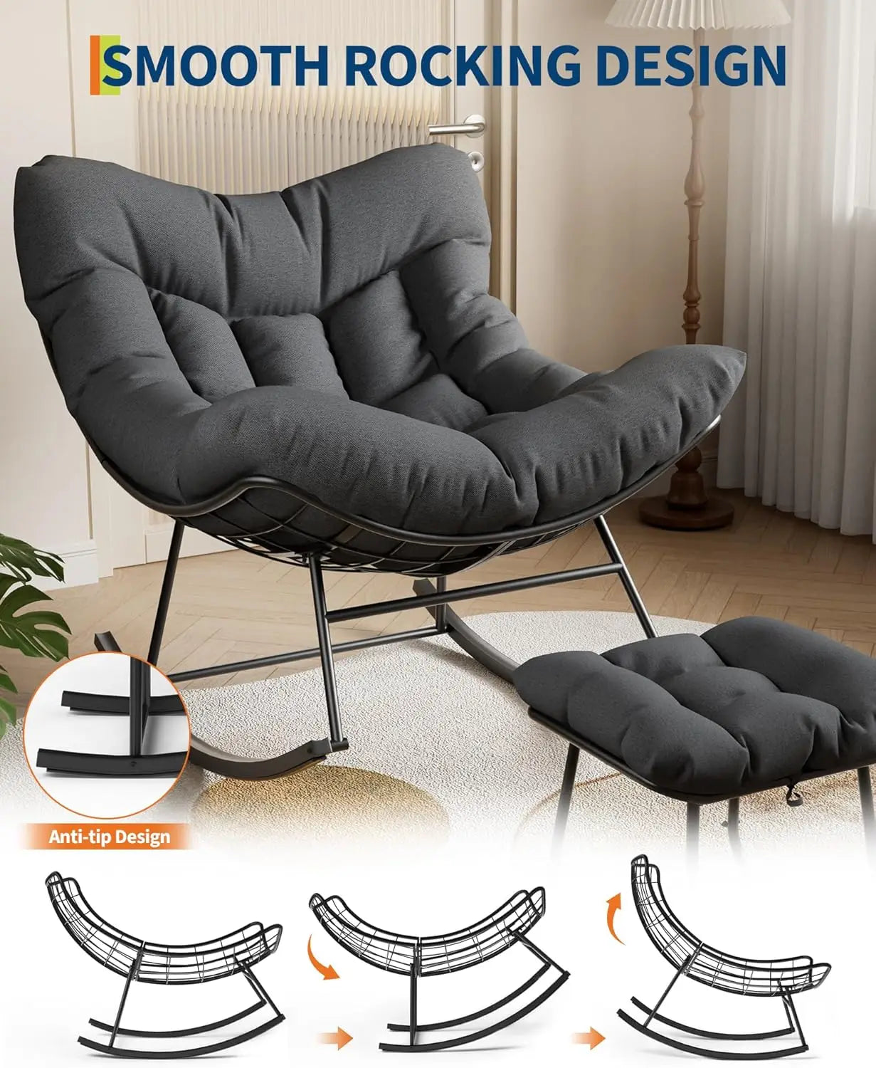Outdoor Oversized Papasan Rattan Egg  Rocking Chair with Footrest, For, Patio ,  Balcony, Backyard ,Porch, Bedroom.