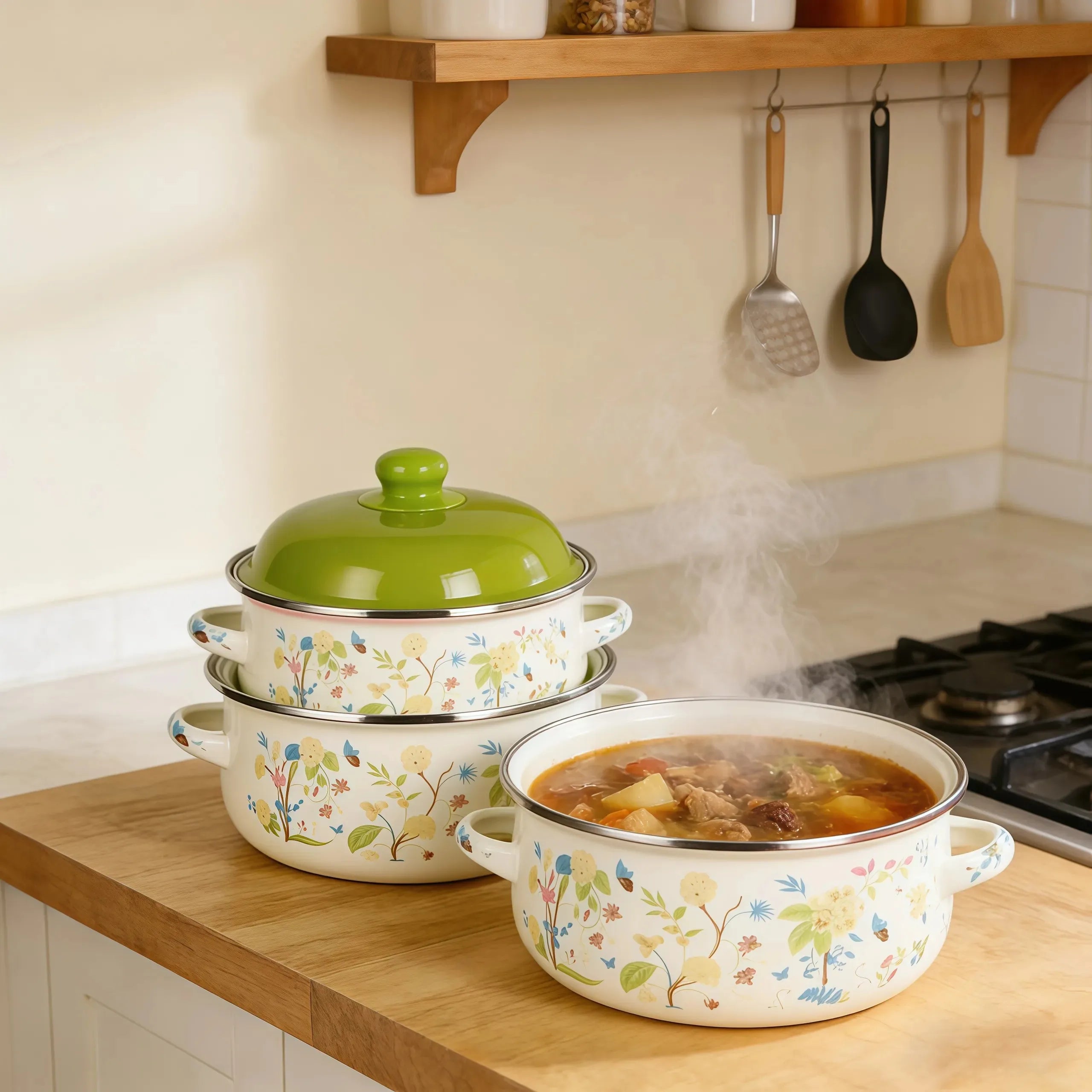 3Pcs Vintage Enamel Stock Pot Set with Lids,  Dual Handles & Flat Bottoms  for Induction & Gas Stoves