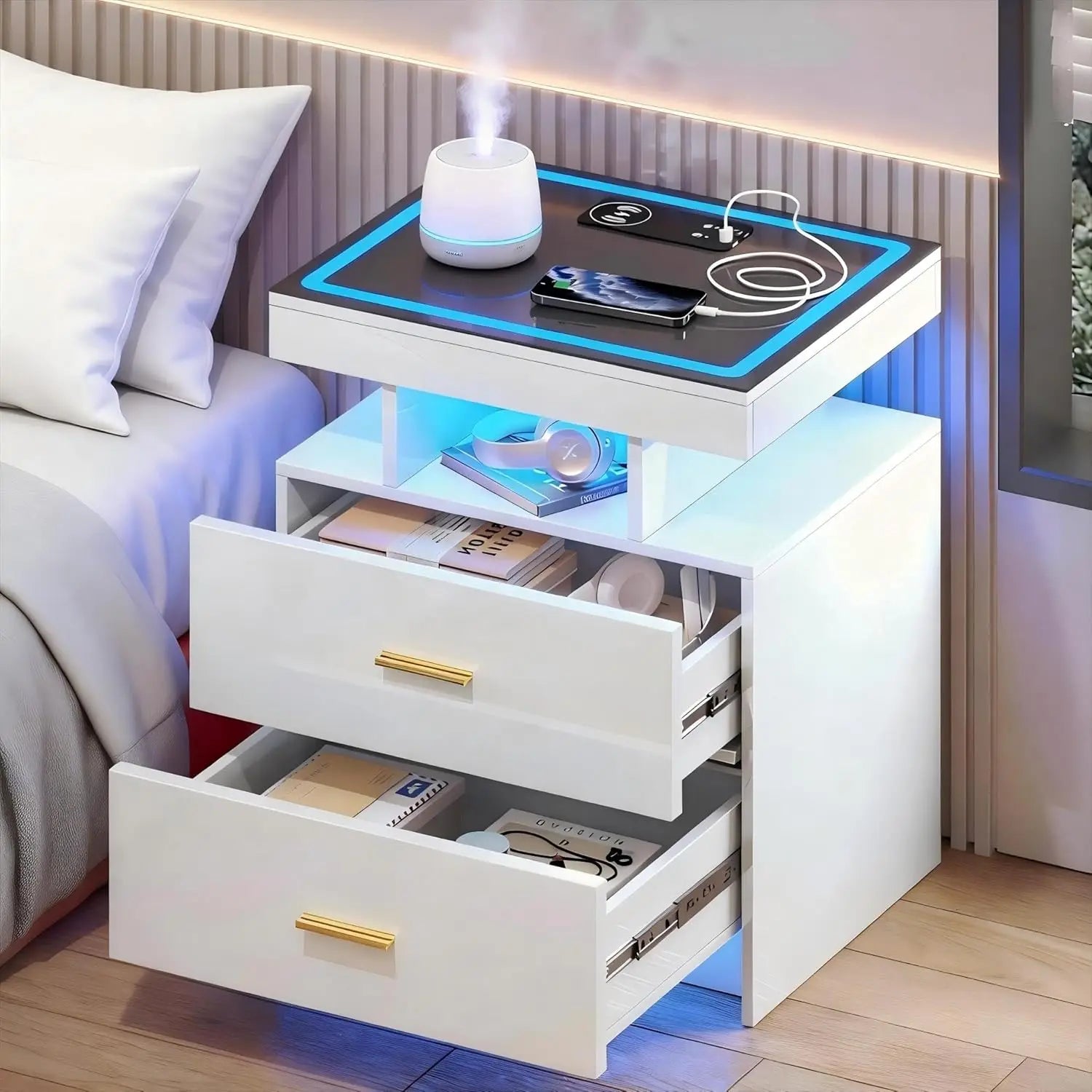 Nightstands with Wireless Charging , Auto Sensor 3 Color Dimmable LED