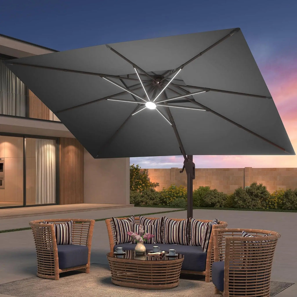 9x12 FT Offset  Patio Umbrella with LED Lights  Rectangle Aluminum