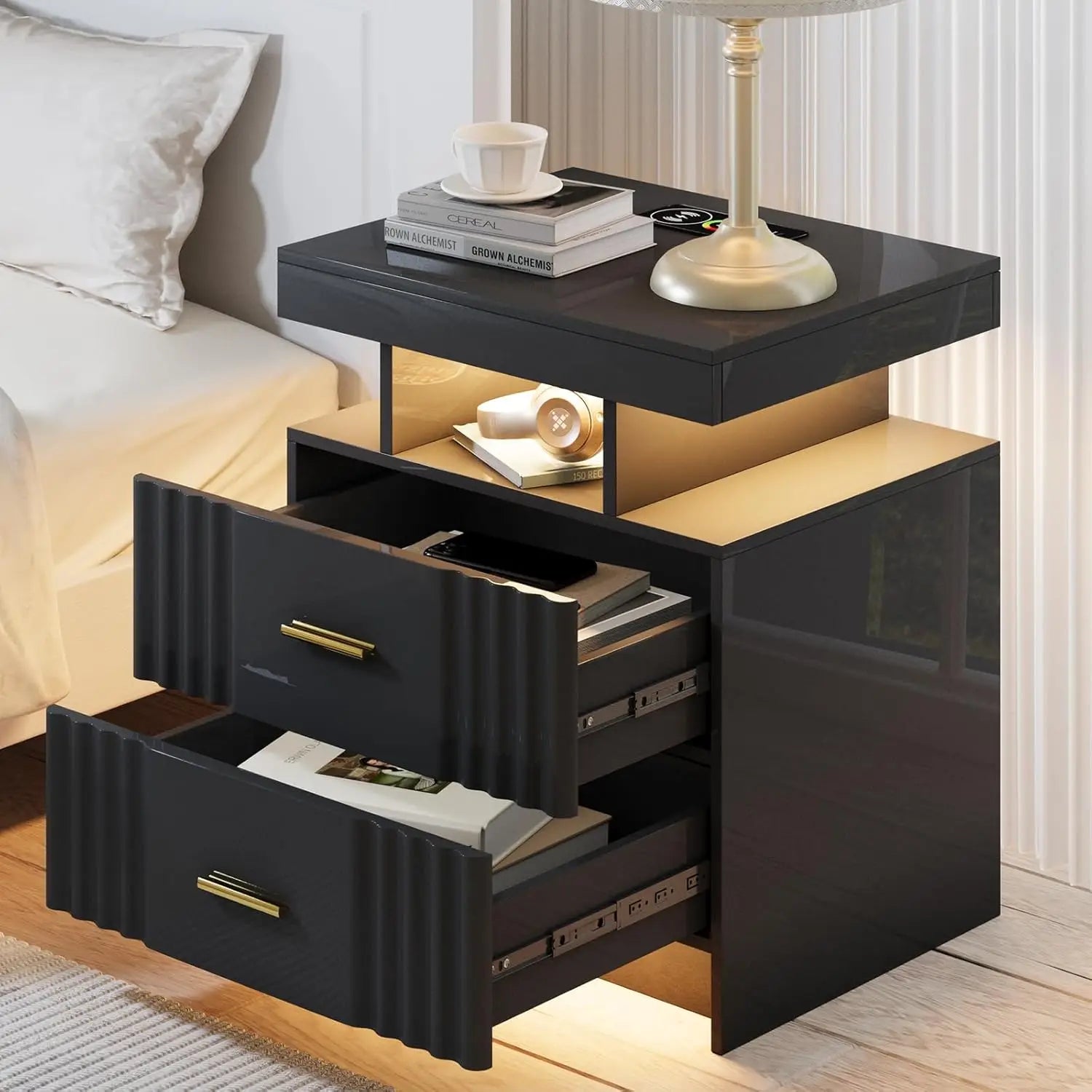 Black Night Stand Set 2  with Wireless Charging 3 Drawers Glass Top