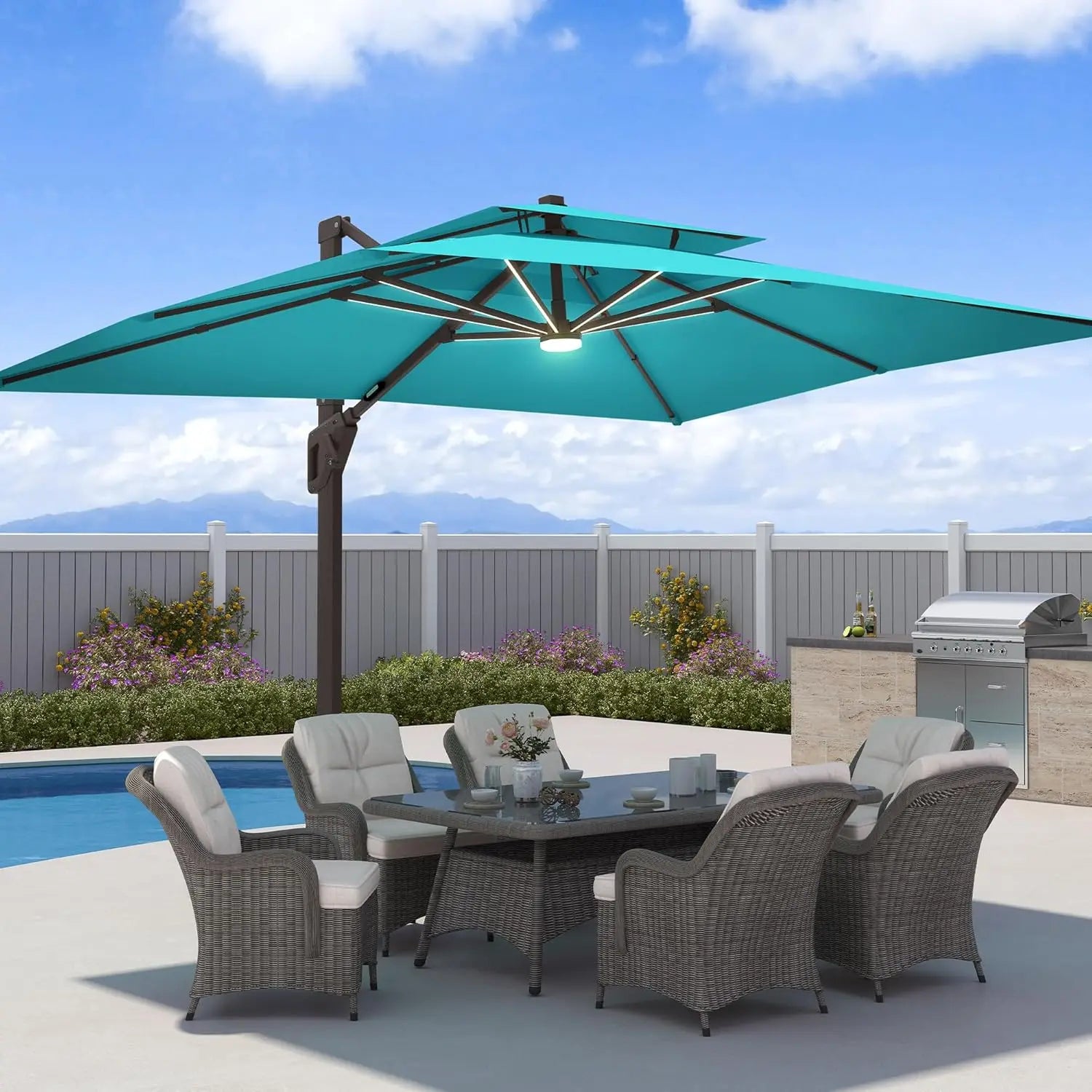9x12 FT Offset  Patio Umbrella with LED Lights  Rectangle Aluminum