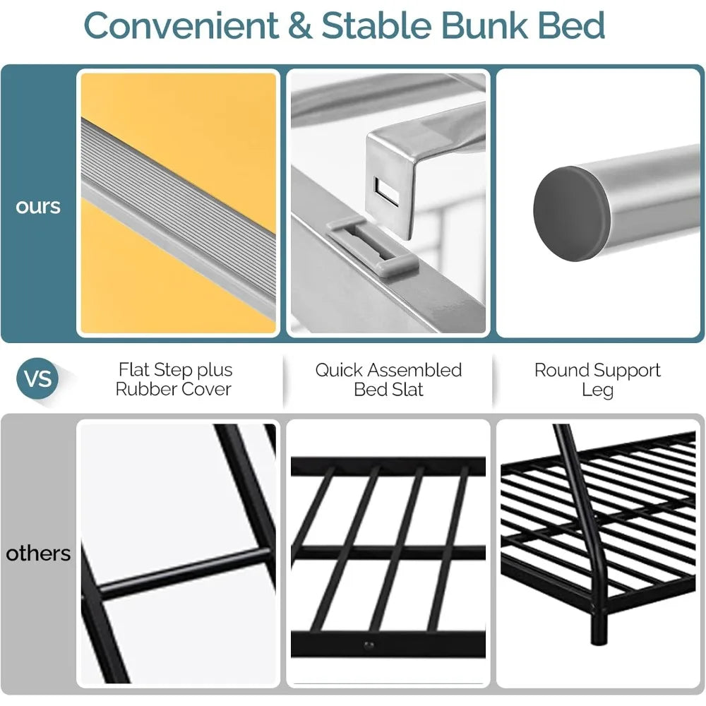 Metal Bunk Bed Twin Over Twin, Heavy Duty with Flat Steps for Kids, Teens & Adults,