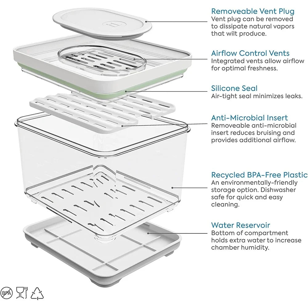 Plastic Produce Storage Bin Airtight Ventilated Container Stackable Dishwasher Safe