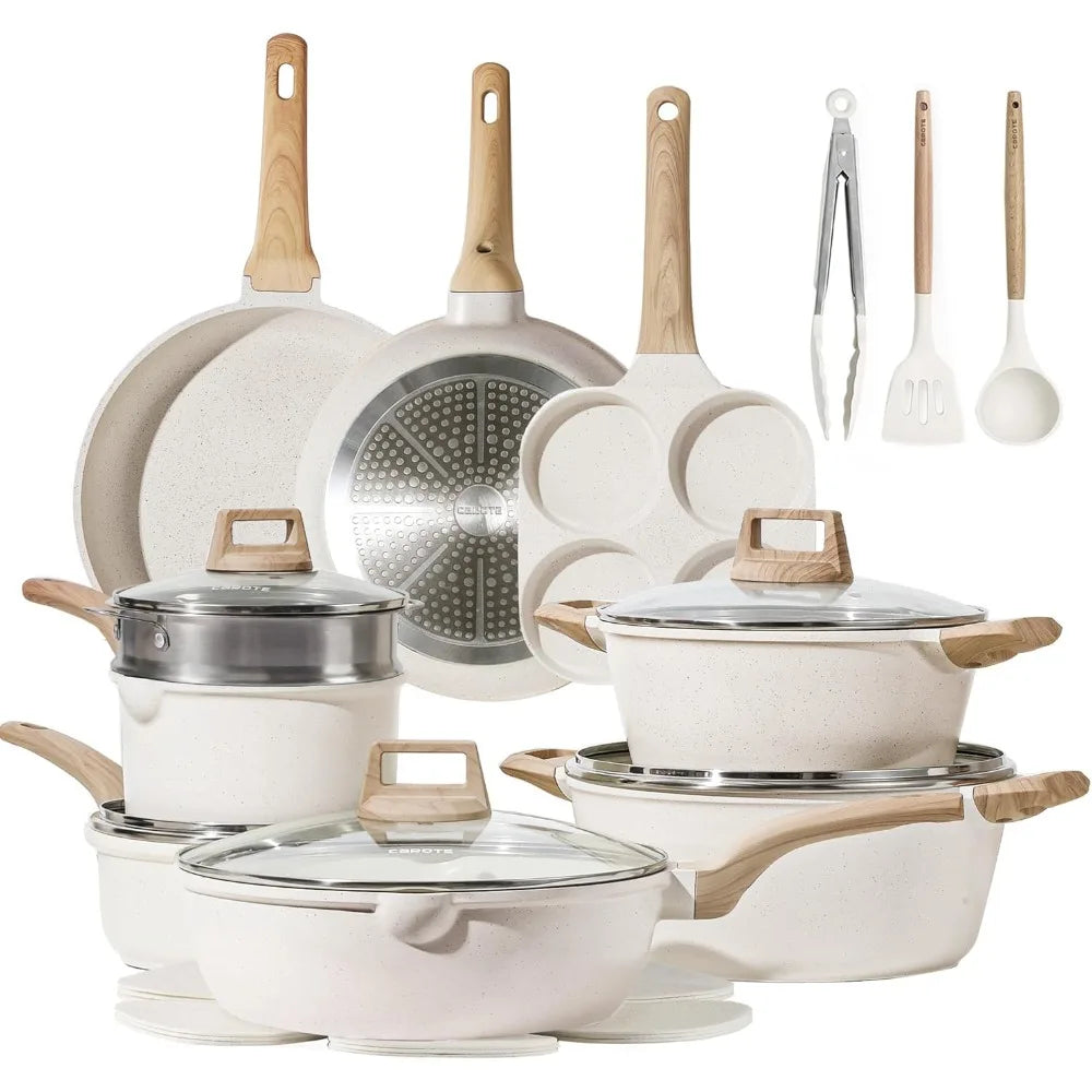 White Granite 21-Piece  Induction  Non Stick  Cookware Set w/Frying Pans