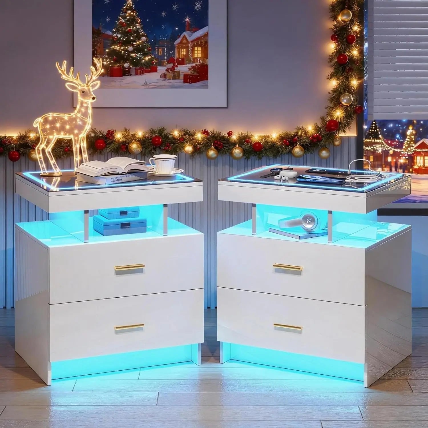 Black Night Stand Set 2  with Wireless Charging 3 Drawers Glass Top