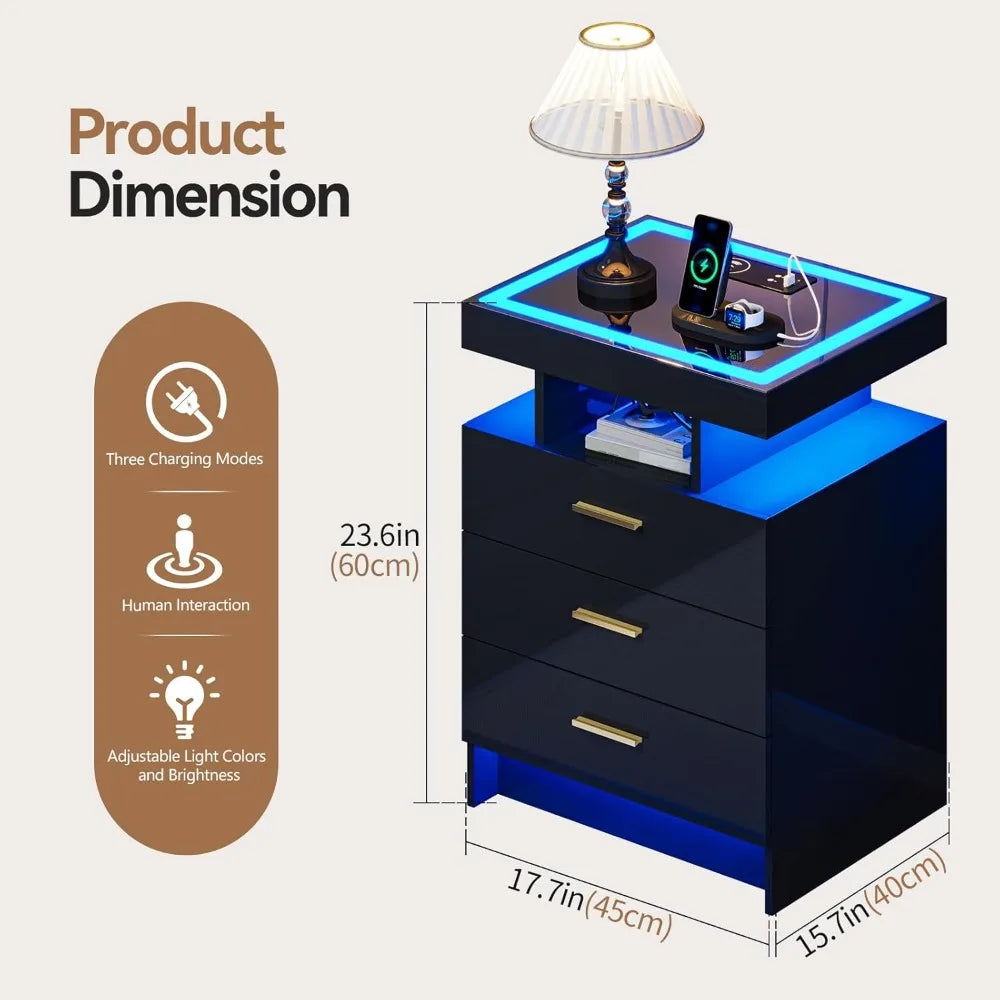 Black Night Stand Set 2  with Wireless Charging 3 Drawers Glass Top