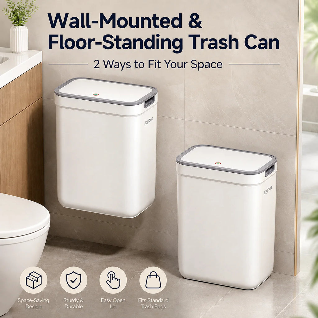 Dual-Use Wall Mounted or Floor Standing Slim  Trash Can with Lid, No-Drill,  Hanging Bin For Bathroom,  Kitchen or  Cabinet Door,