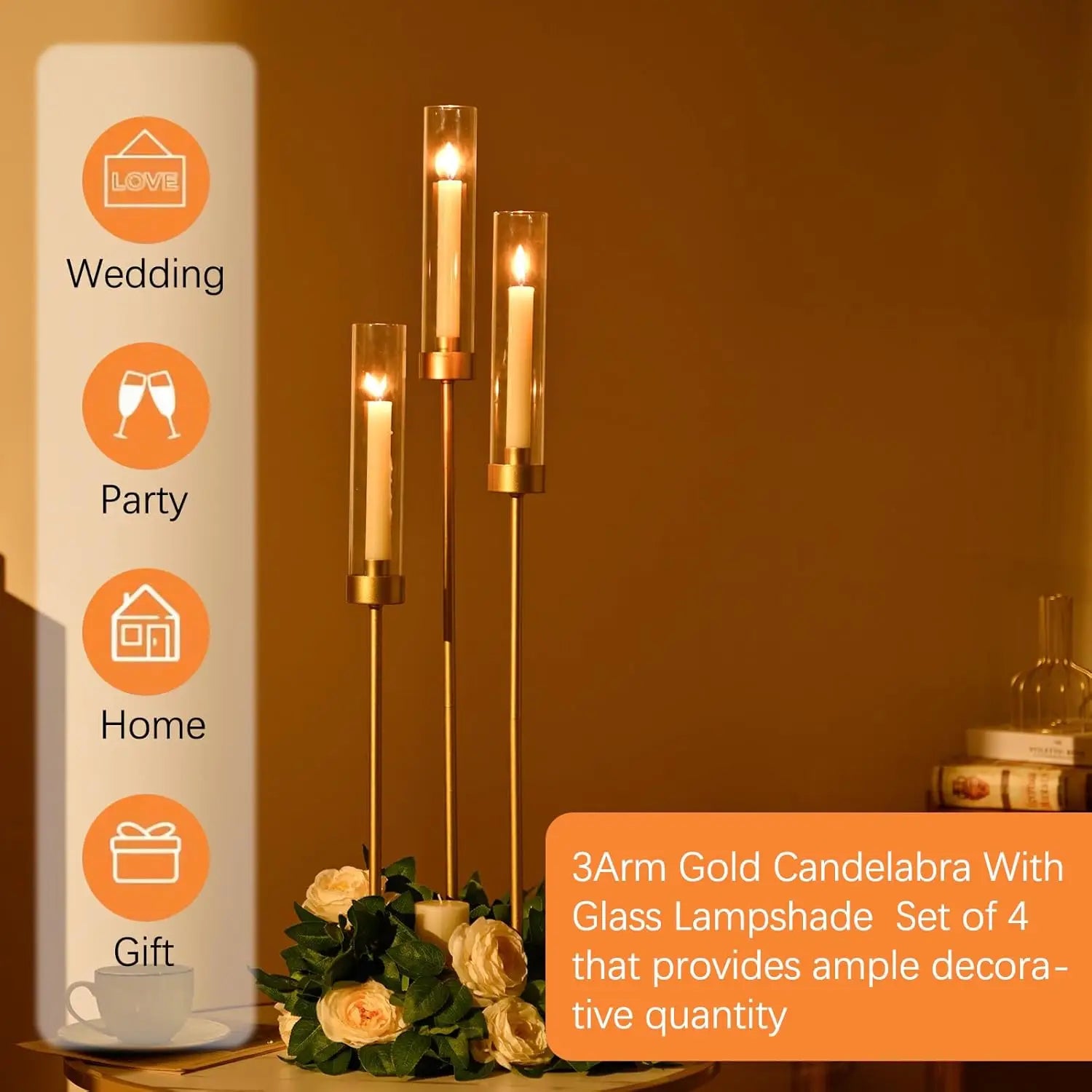 2/4/6/8/10pcs Gold Candelabra 3 Arm Candle Holders for Table