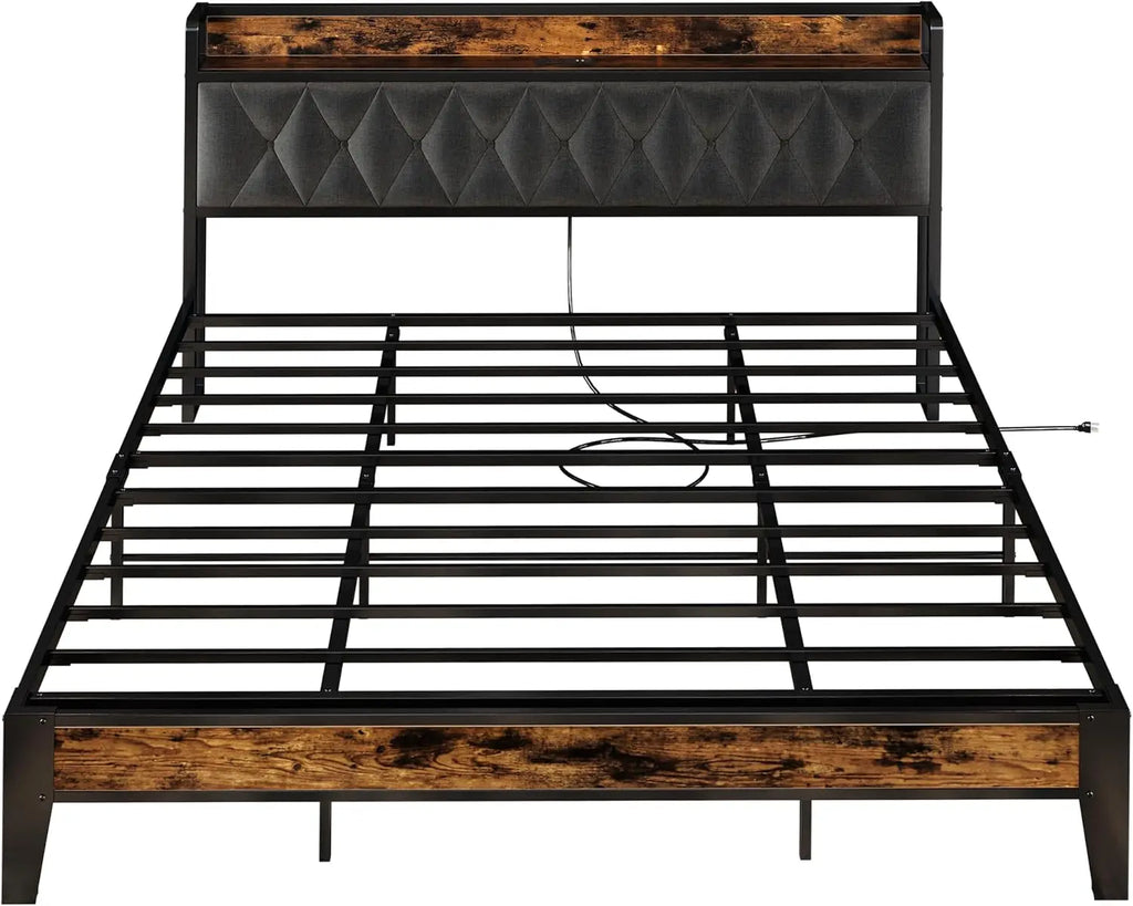 Twin/Twin XL/Full// Bed Frames, Storage Headboard with Outlets, No Noise, No Box Springs Needed