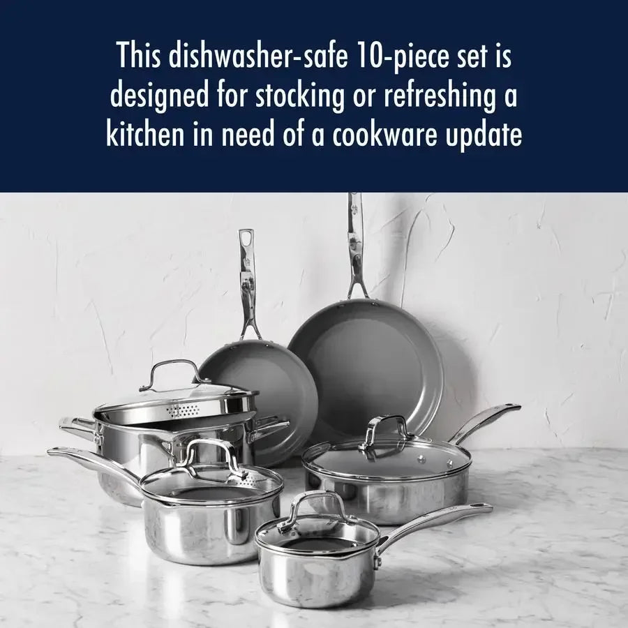 Clad H3 10pc Ceramic Nonstick  Induction Cookware Set,  Durable Stainless Steel, Easy to clean