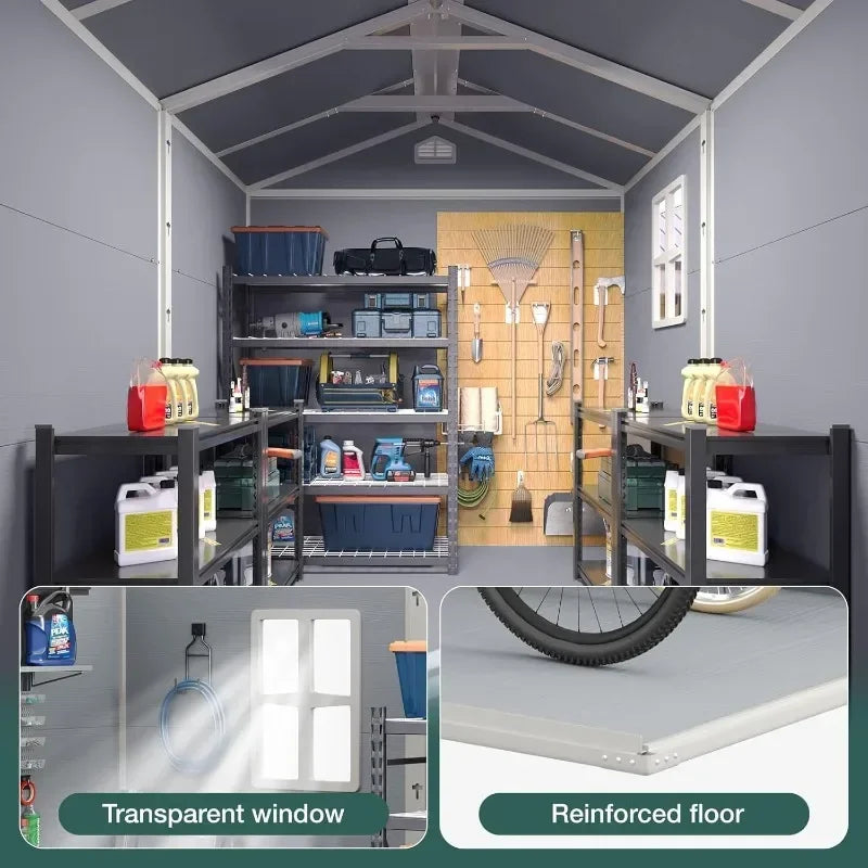 8 x 6 FT Outdoor Storage Resin Shed with Window, Floor & Lockable Doors, Waterproof Plastic Tool