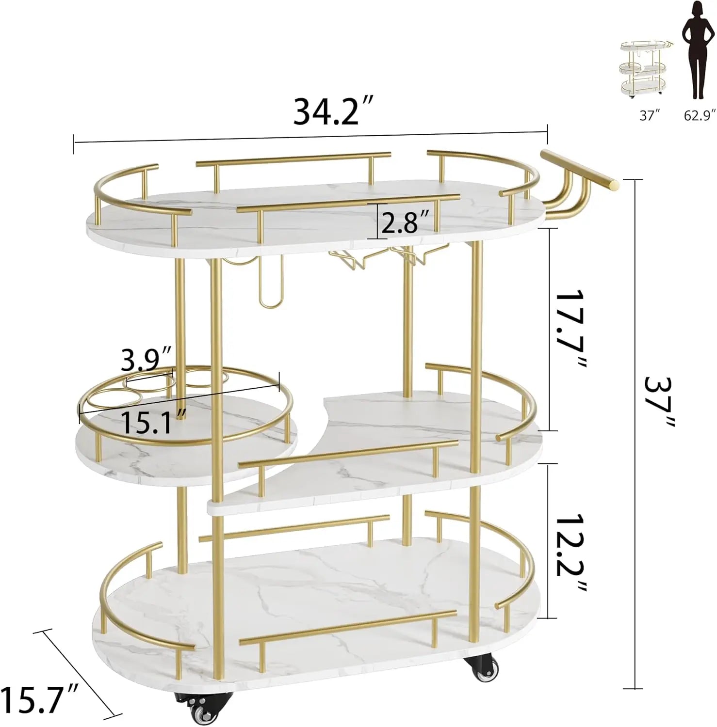 Gold Bar Carts with 4-Tiers Storage Shelves Mobile Serving Carts On Wheels  Glass Holder for Kitchen