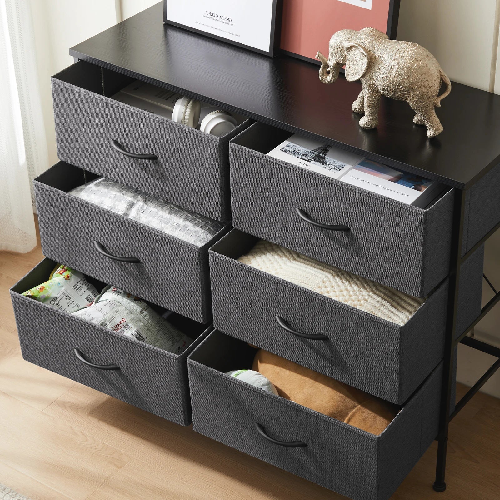 6 Fabric Drawers Nightstand  With Storage  Display Cabinet
