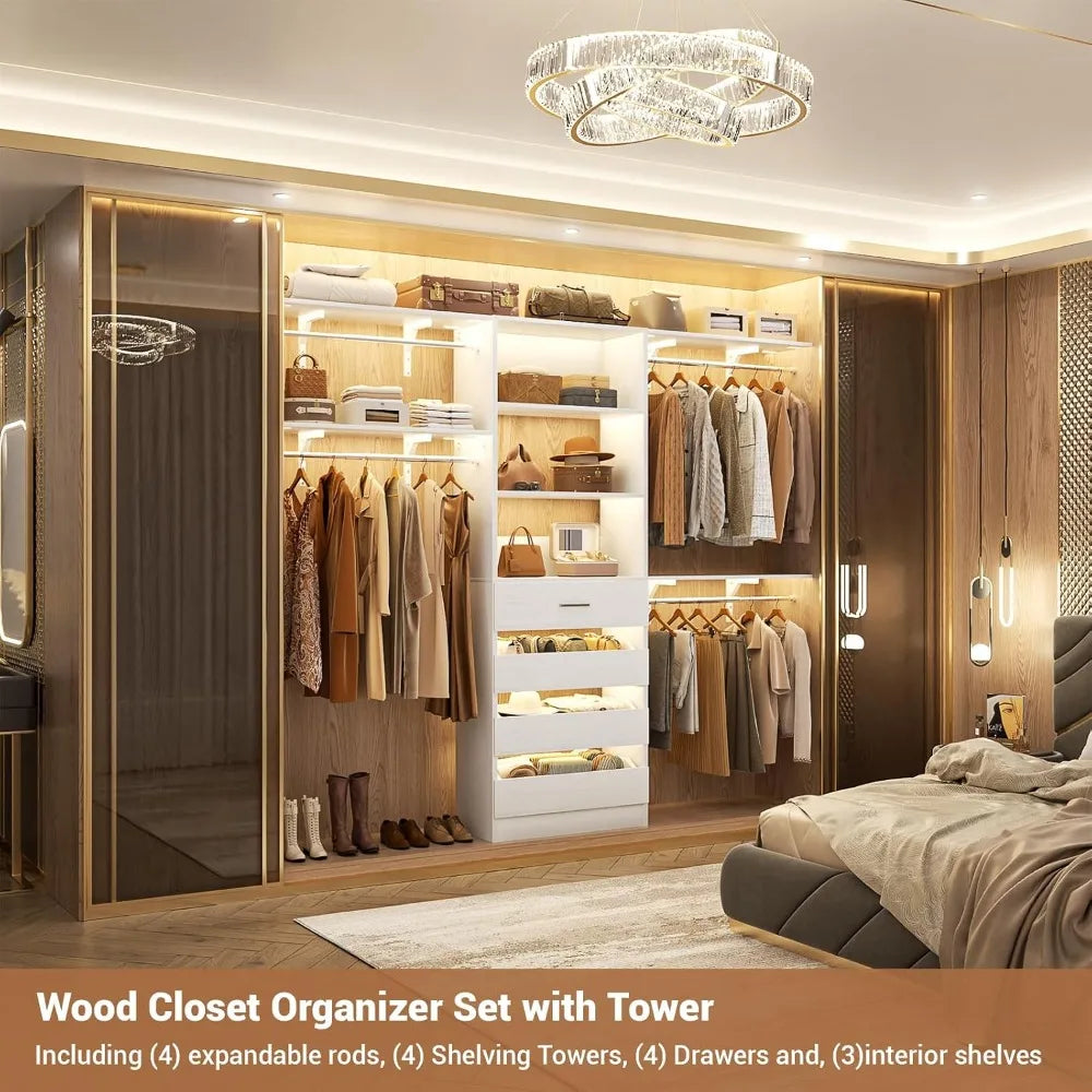 4 Drawer 8FT Wood Closet Organizer with Shelves, 96" Tower for 4-9 ft Spaces,