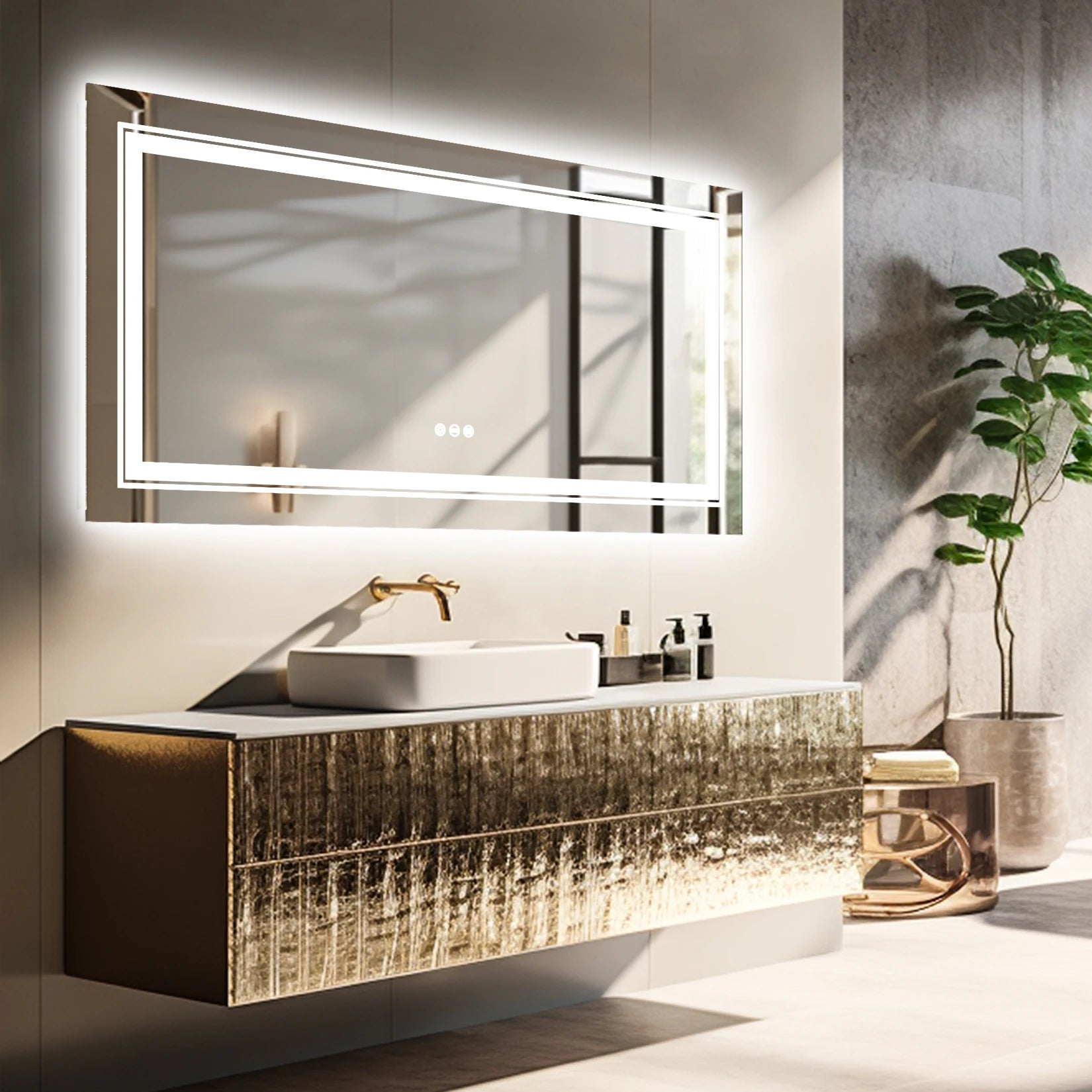 Extra Large Rectangle Bathroom Mirror LED  Dimmable Backlit Anti-Fog Memory with Front and Backlight Shatter-Proof