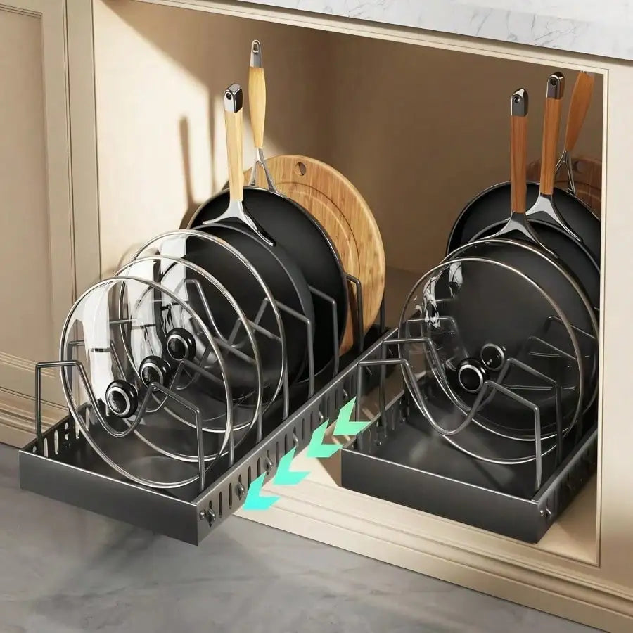 Pull-Out Pot And Pan Organizer, 10 Adjustable Dividers, , No Drill, Heavy Duty, Expandable,  16.93-23.23 Inches,