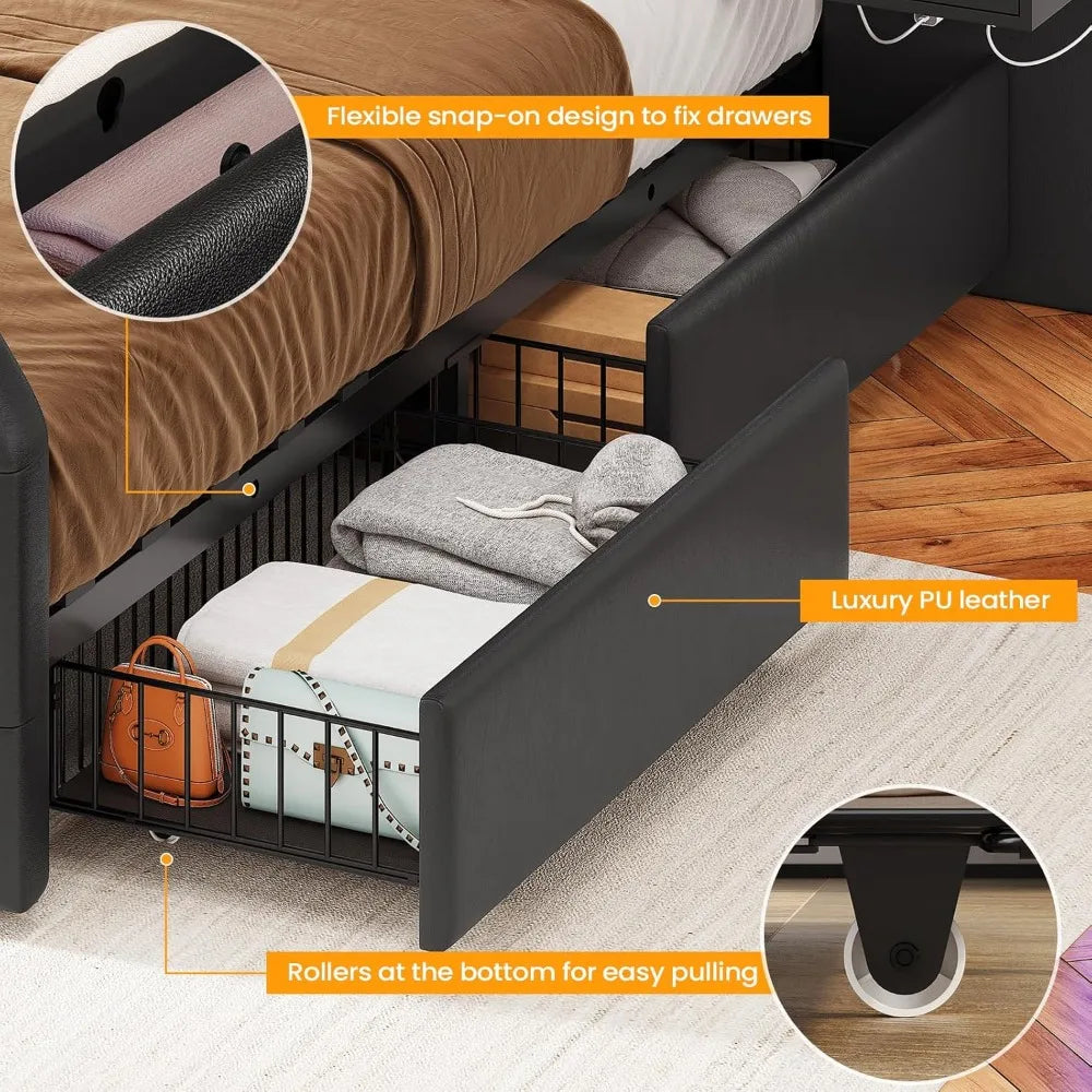 Queen Bed Frame W/ LED, Leather Upholstered Charging Station,  2 Nightstands. Mirror