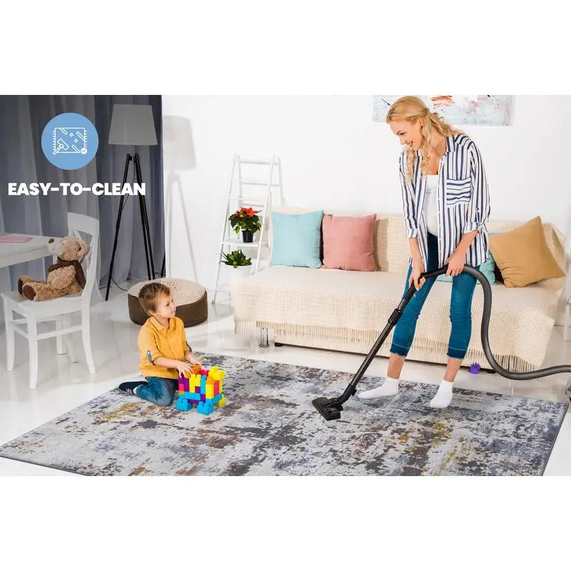 Stylish Abstract Non-Shedding Area Rug 2x8 in Ivory/Blue – Stain Resistant