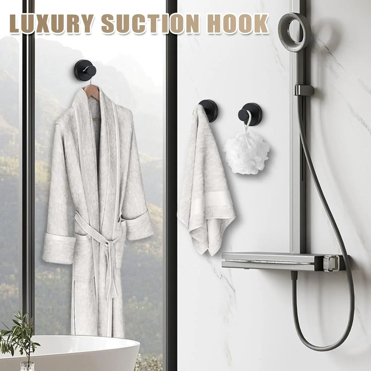 Matte Black Suction Towel Hooks, 2-Pack  Wall Hangers for Bathroom, Bedroom &  Kitchen