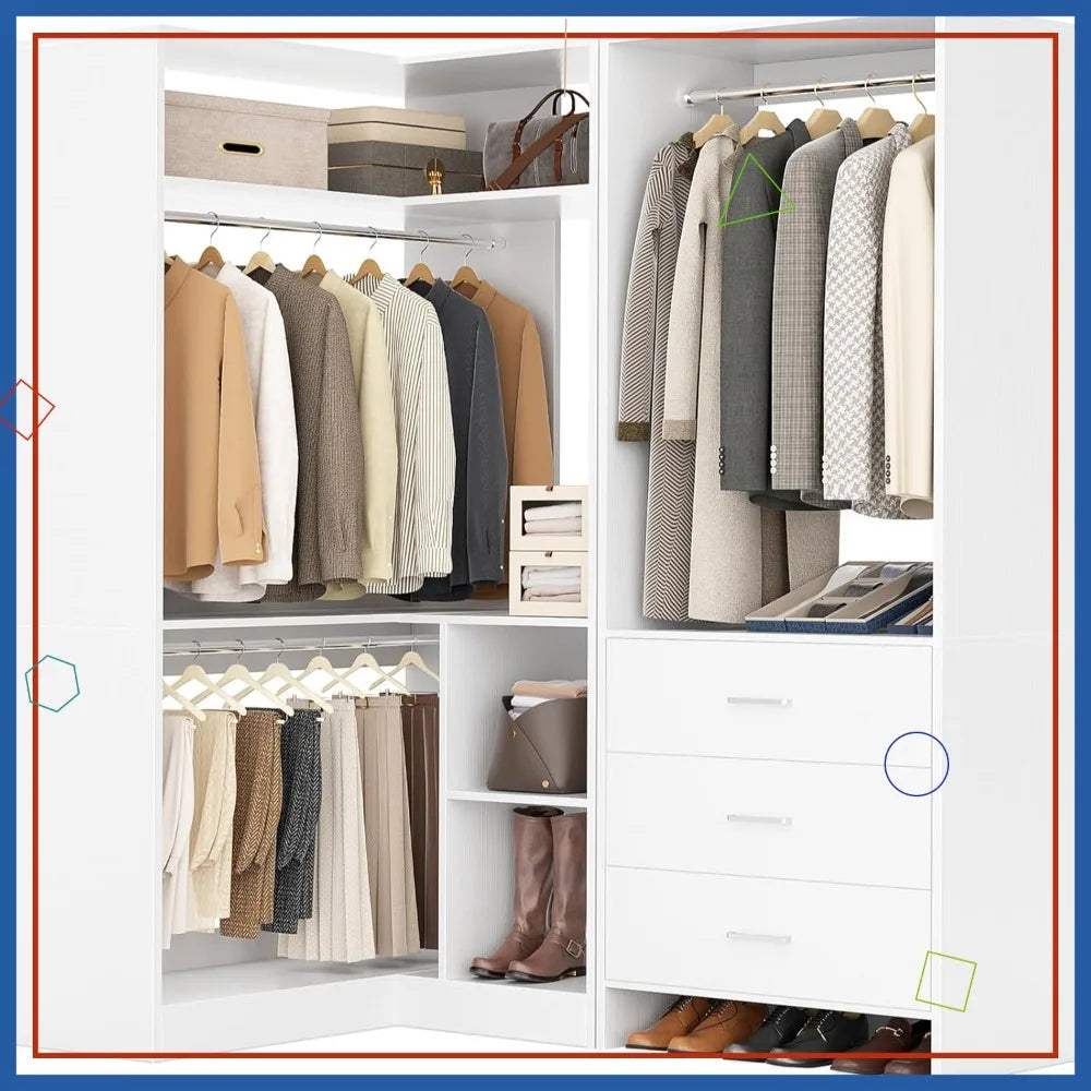 L-Shaped Closet Organizer with 3 Drawers, Hanging Rods & Corner Tower, 1300+ lbs Capacity,