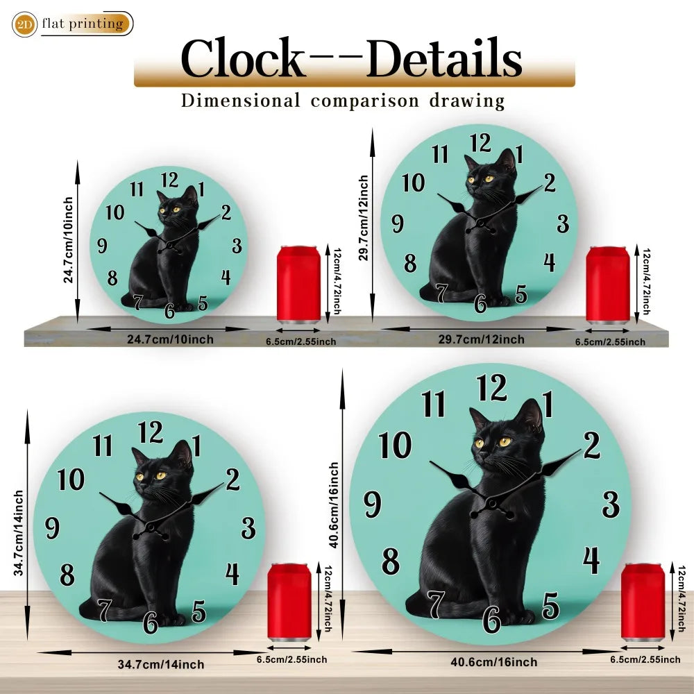 1pc Black Cat Portrait Wall Clock | Wooden Silent Clock, 2D Flat Printing,